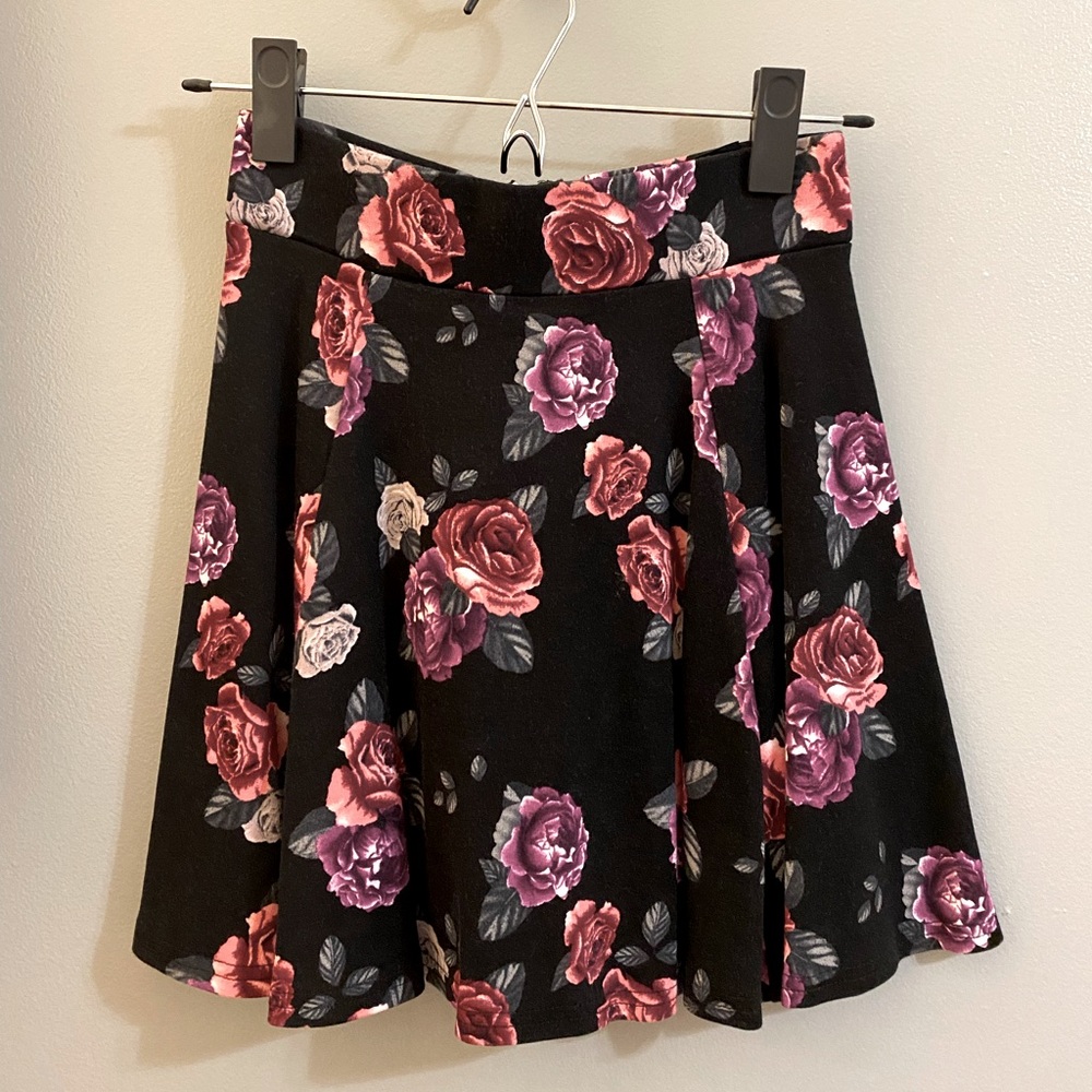 Black Floral Stretch Skater Skirt